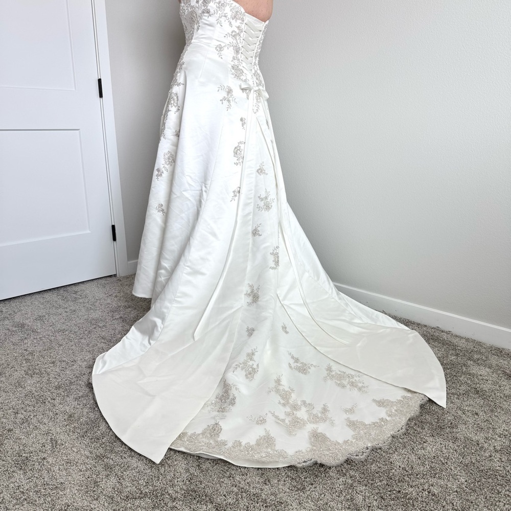 David’s Bridal Ivory Satin Wedding Dress 16W — Beaded Corset Back, Train